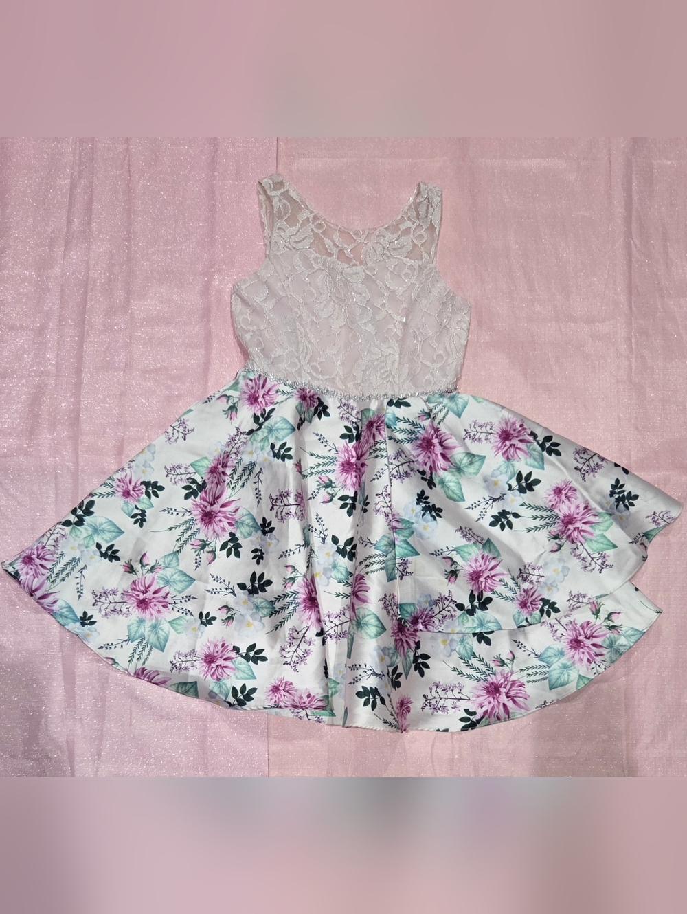 Emily Rose Light Pink Lace Bodice Pink Floral Skirt Dress